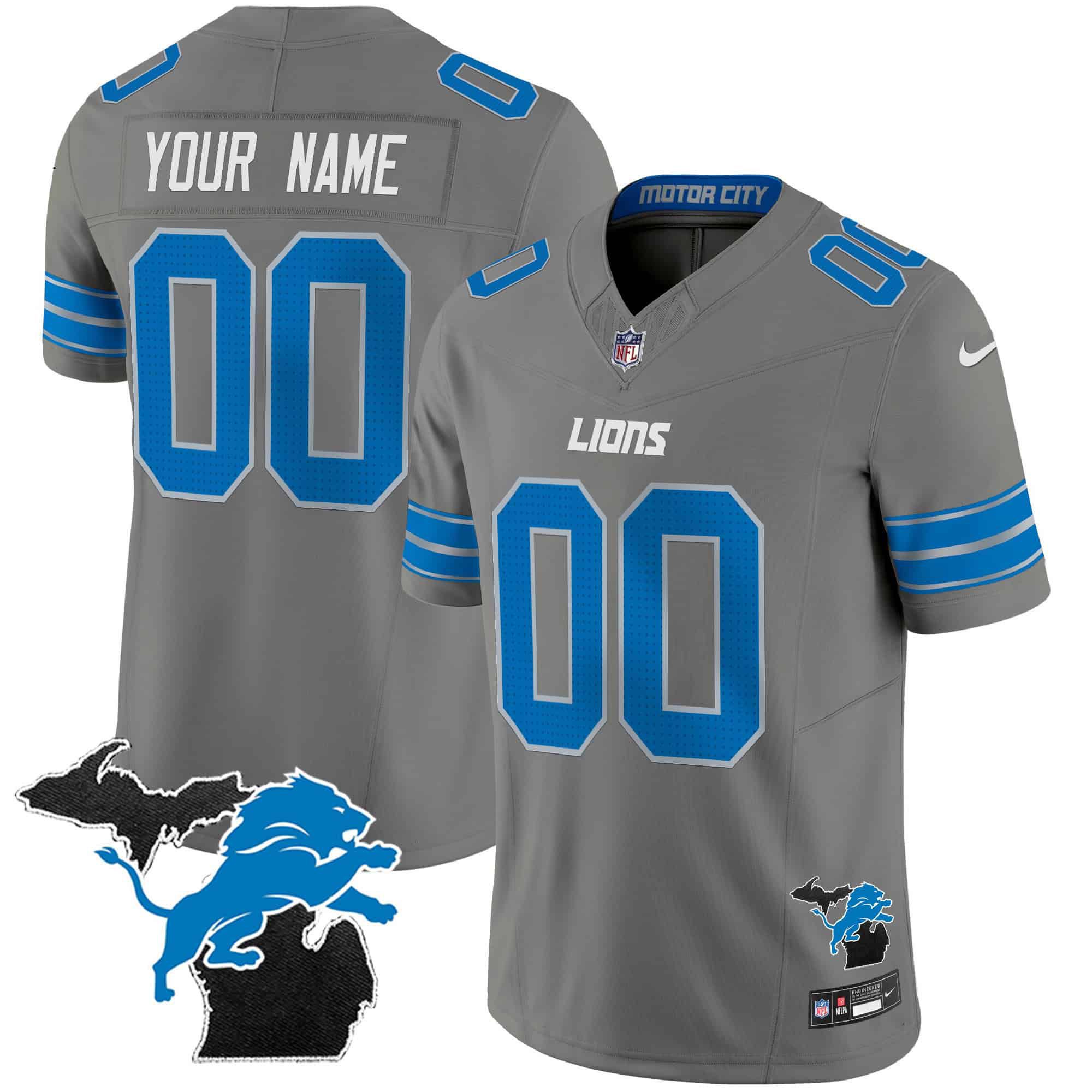 Men Detroit Lions Grey 2024 Nike Michigan Patch Vapor Limited Custom NFL Jersey